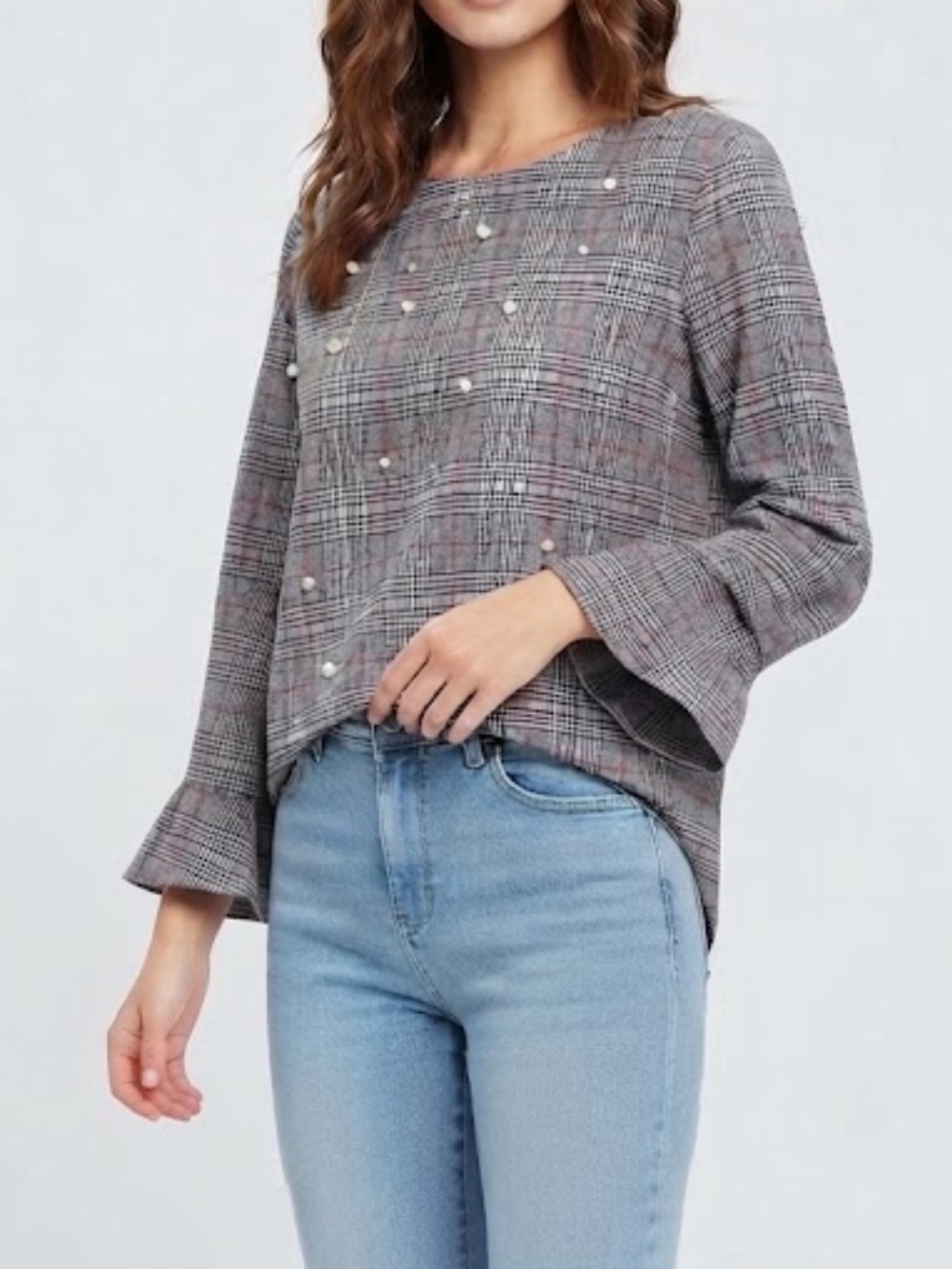 Pinky Women’s Grey Plaid Pearl-Accent Top with Bell Sleeves Size Large